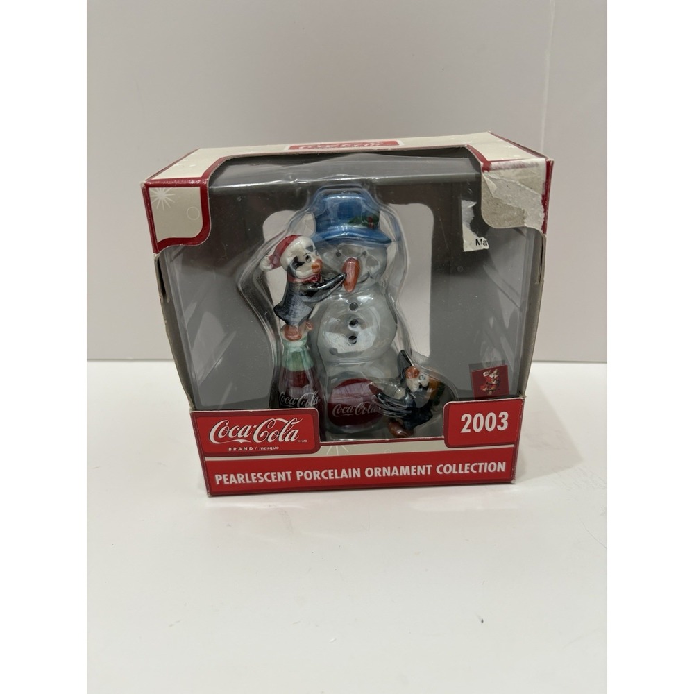 New Coca-Cola 2003 Pearlescent Porcelain Ornament Collection Snowman & Penguins